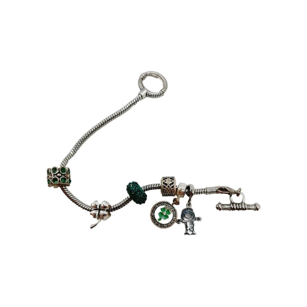 St Patricks Day Charm Bracelet 7 1/4" Toggle Clasp Shamrock Silver Green Beads